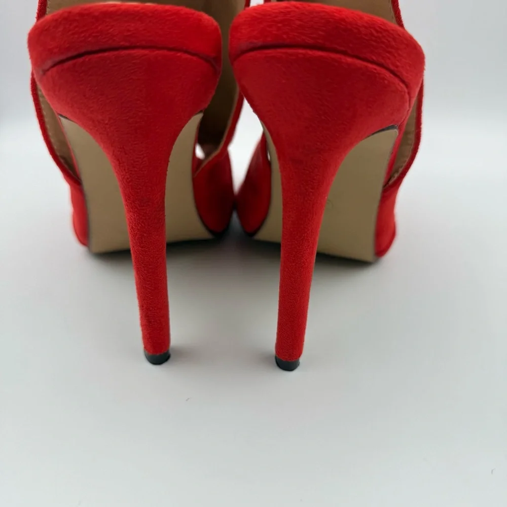 Meiliani Red Faux Suede Peep Toe Stiletto Booties Women’s Size 8 - Picture 9 of 15